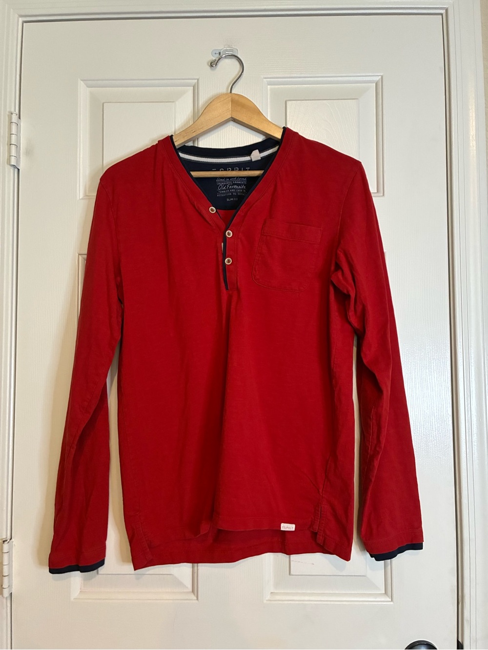 Esprit Men's Long-Sleeve Henley in Red with Navy Trim